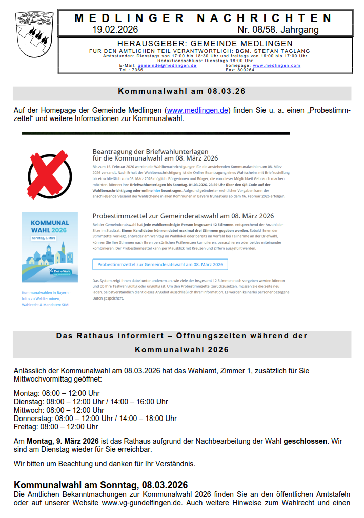 Titelseite Medlinger Nachrichten 2026 KW 08