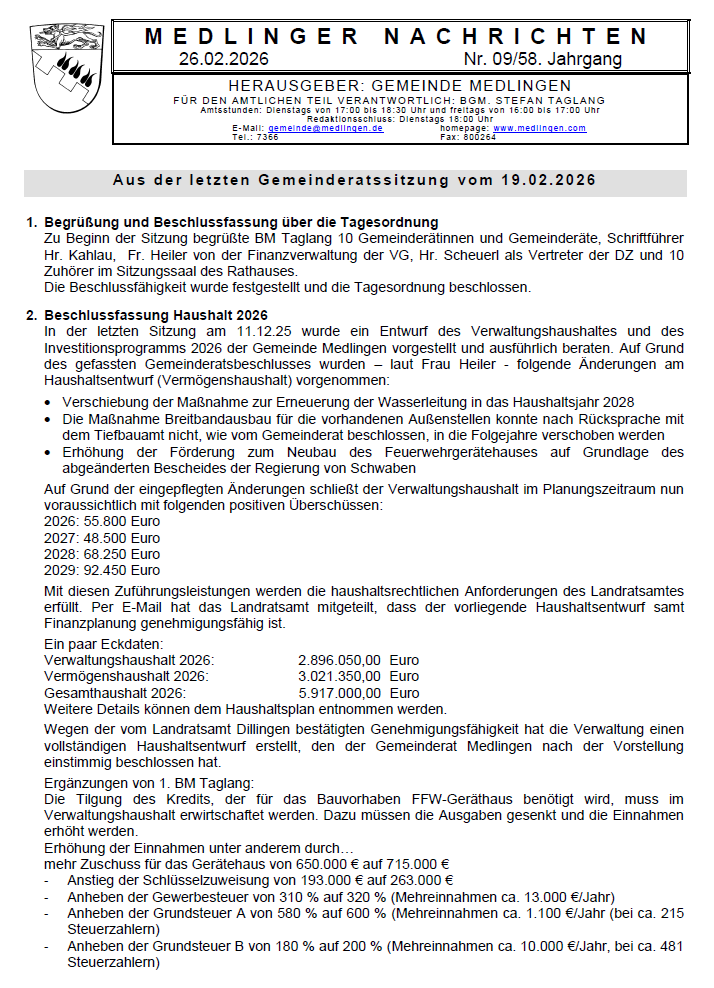 Titelseite Medlinger Nachrichten 2026 KW 09