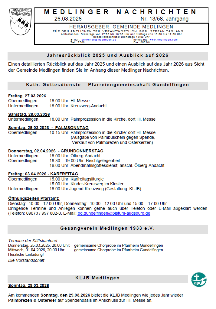 Titelseite Medlinger Nachrichten 2026 KW 13