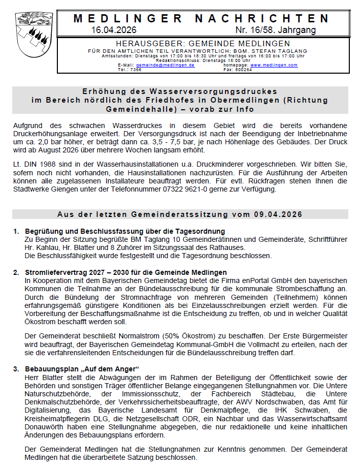 Titelseite Medlinger Nachrichten 2026 KW 16
