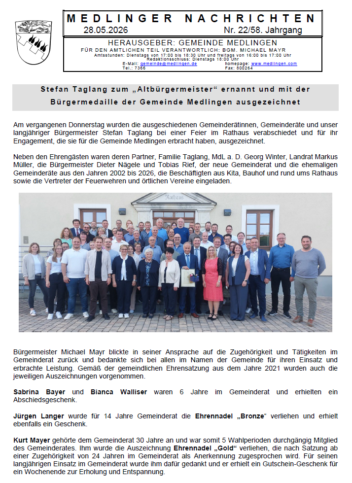 Titelseite Medlinger Nachrichten 2026 KW 22