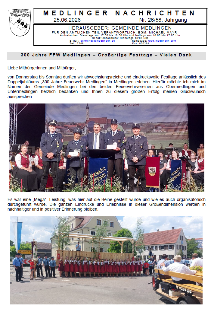 Titelseite Medlinger Nachrichten 2026 KW 26