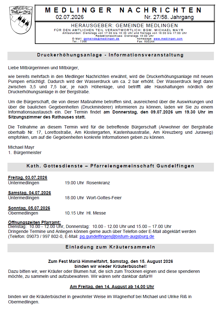 Titelseite Medlinger Nachrichten 2026 KW 27