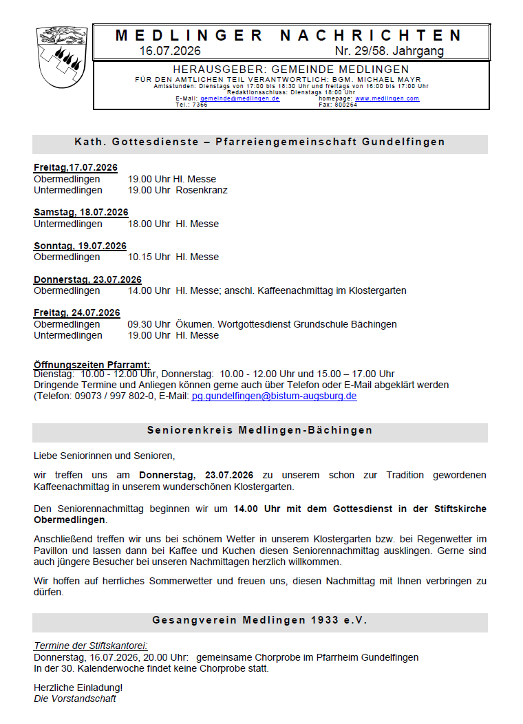 Titelseite Medlinger Nachrichten 2026 KW 29