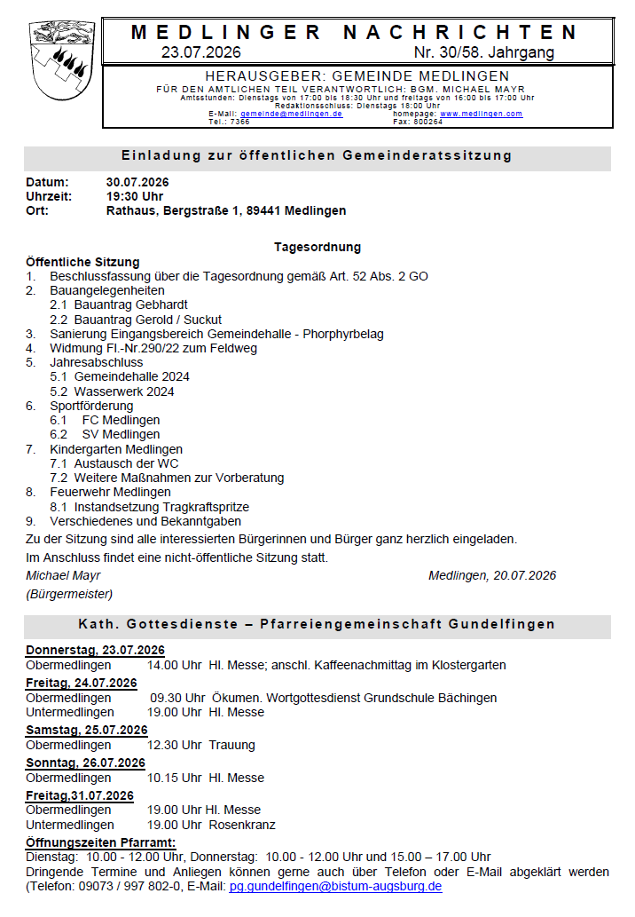 Titelseite Medlinger Nachrichten 2026 KW 30