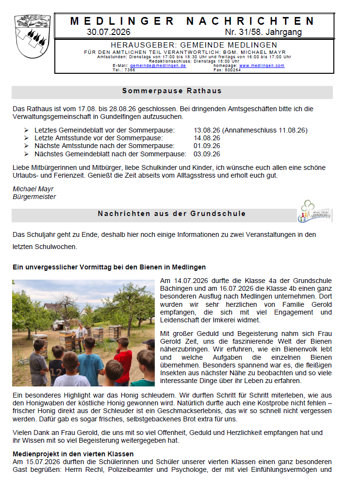 Titelseite Medlinger Nachrichten 2026 KW 31
