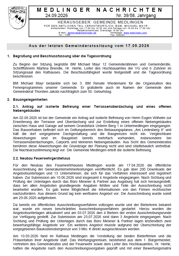 Titelseite Medlinger Nachrichten 2026 KW 39