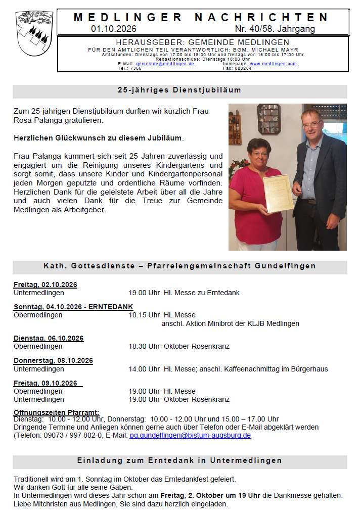 Titelseite Medlinger Nachrichten 2026 KW 40