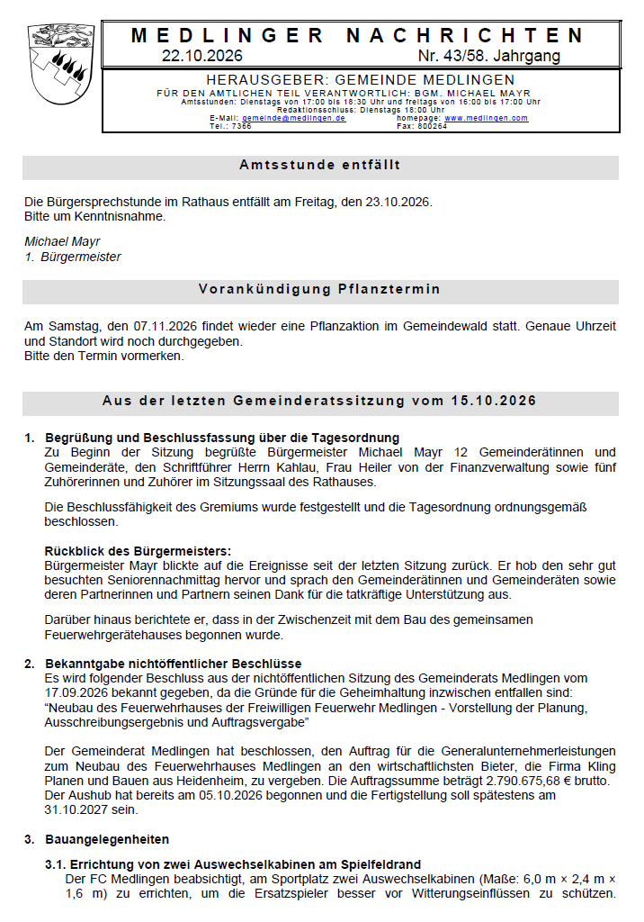 Titelseite Medlinger Nachrichten 2026 KW 43